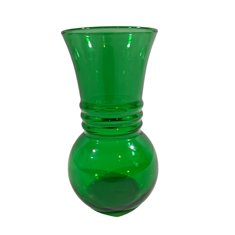 Vintage Anchor Hocking Glass Flower Vase Forrest Green Ribbed Detail